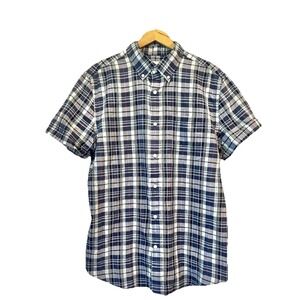 St Johns Bay Shirt Men M Blue Plaid Short Sleeve Basic Camp Work Nerd Dad Skater